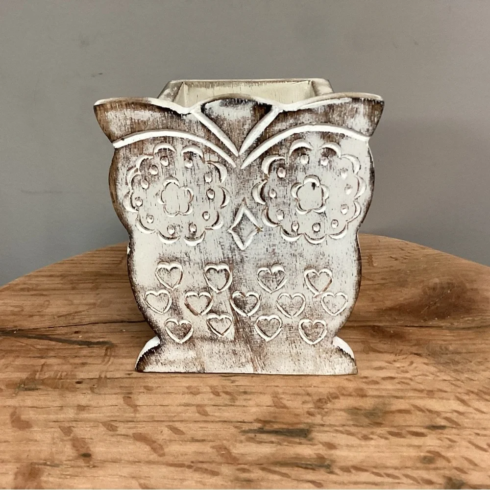 ⚪️ Rustic Solid Wood Owl Design Pencil / Pen / Business Card Holder - Like New